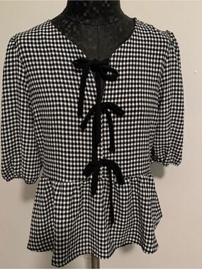 Monteau Los Angeles black and white gingham peplum blouse